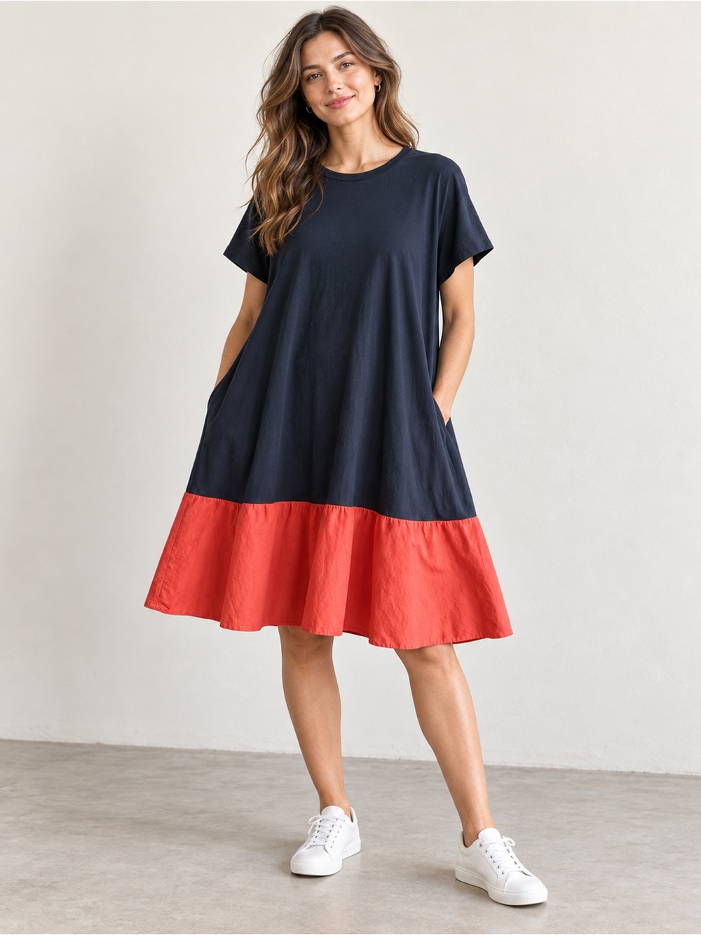 COS Contrast Panelled A Line Jersey Dress In Navy & Coral Red size M Pockets